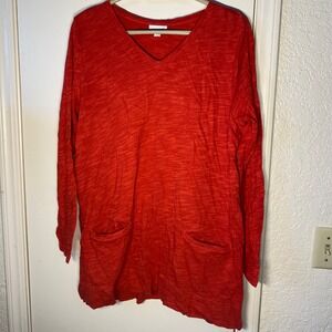J. Jill Pure Jill Red Slub Knit Cotton V-Neck Long Sleeve Pocket Tunic Large